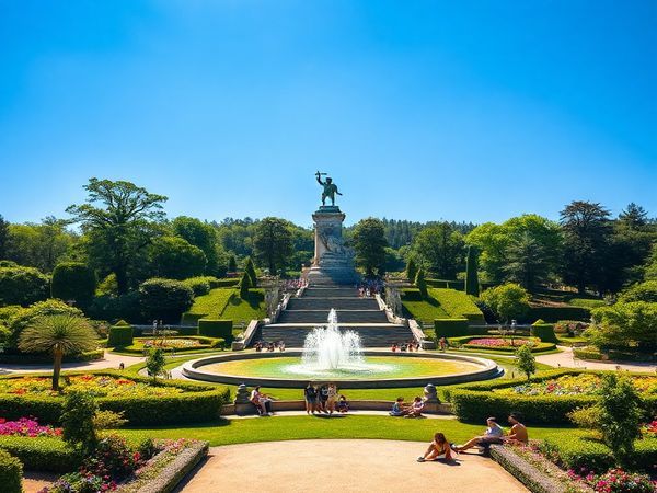 High-definition image prompt: "A breathtaking view of Bergpark Wilhelmshöhe in summer, showcasing the vibrant lush gardens and cascading water features under a clear blue sky. The iconic Hercules statue stands majestically in the background, surrounded by colorful flowers and happy tourists enjoying picnics and leisurely strolls. Sunlight filters through the trees, creating a warm, inviting atmosphere, capturing the essence of this UNESCO World Heritage site."