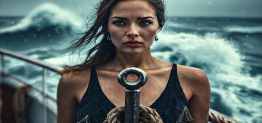 Create a high definition image that captures the essence of a luxury cruise liner set against a stormy ocean backdrop. The scene features a determined woman at the forefront, embodying both vulnerability and resilience, as she gazes out into the tumultuous waves. Surround her with subtle hints of feminist symbolism, such as a broken anchor and intertwining ropes, representing struggles for agency and identity. The atmosphere is tense yet beautifully haunting, reflecting both the claustrophobic confines of the ship and the vastness of the ocean, as if she is ready to confront her turbulent journey head-on.