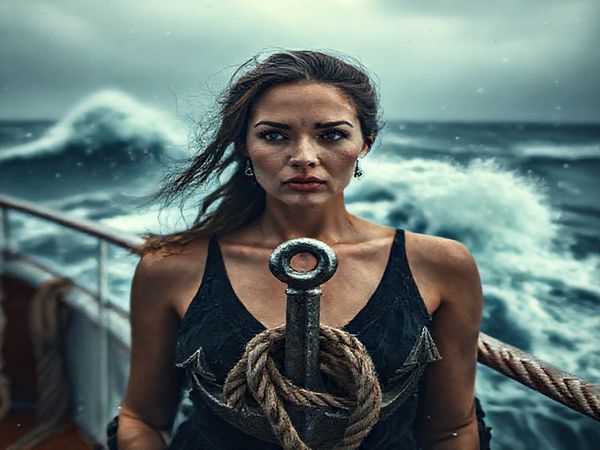 Create a high definition image that captures the essence of a luxury cruise liner set against a stormy ocean backdrop. The scene features a determined woman at the forefront, embodying both vulnerability and resilience, as she gazes out into the tumultuous waves. Surround her with subtle hints of feminist symbolism, such as a broken anchor and intertwining ropes, representing struggles for agency and identity. The atmosphere is tense yet beautifully haunting, reflecting both the claustrophobic confines of the ship and the vastness of the ocean, as if she is ready to confront her turbulent journey head-on.