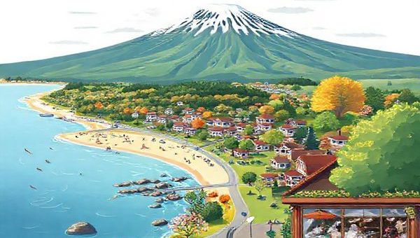 A high definition illustration of Hawera, New Zealand, highlighting its stunning seasonal transitions. Depict the vibrant summer landscape with sunbathers on the Tasman Sea beach, lush green trails around snowcapped Mount Taranaki, colorful autumn leaves, blooming spring flowers in King Edward Park, and cozy winter scenes in a town cafe. Capture the charm and diversity of this picturesque town throughout the year, inviting viewers to experience its natural beauty and local culture.