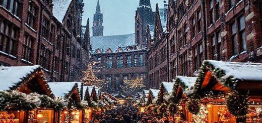 Create a high definition image of the Speicherstadt Christmas Market in winter, showcasing the enchanting neo-Gothic brick architecture adorned with twinkling festive lights. Include rustic wooden stalls filled with handmade ornaments, gingerbread, and mulled wine, all set against a backdrop of frosty air and the scent of pine and cinnamon. Capture the joyful atmosphere with visitors enjoying the market, ice skating, and beloved holiday music echoing throughout the scene, creating a magical winter wonderland.