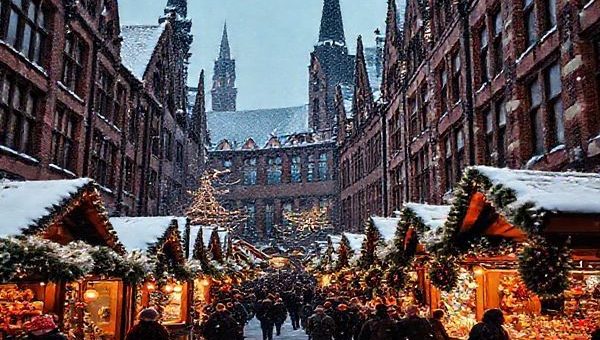 Create a high definition image of the Speicherstadt Christmas Market in winter, showcasing the enchanting neo-Gothic brick architecture adorned with twinkling festive lights. Include rustic wooden stalls filled with handmade ornaments, gingerbread, and mulled wine, all set against a backdrop of frosty air and the scent of pine and cinnamon. Capture the joyful atmosphere with visitors enjoying the market, ice skating, and beloved holiday music echoing throughout the scene, creating a magical winter wonderland.