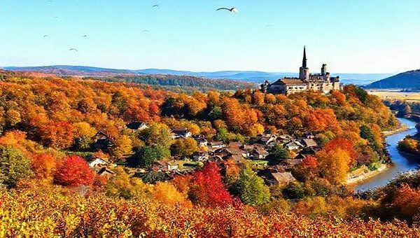 A breathtaking panoramic view of Enzkreis in autumn, showcasing vibrant foliage with shades of red, orange, and gold enveloping a quaint village nestled in the lush countryside. In the foreground, a serene vineyard welcomes harvest season, while an ancient castle towers elegantly in the background against a clear blue sky. Include birds in flight and a gentle river winding through the landscape. Create in high definition.
