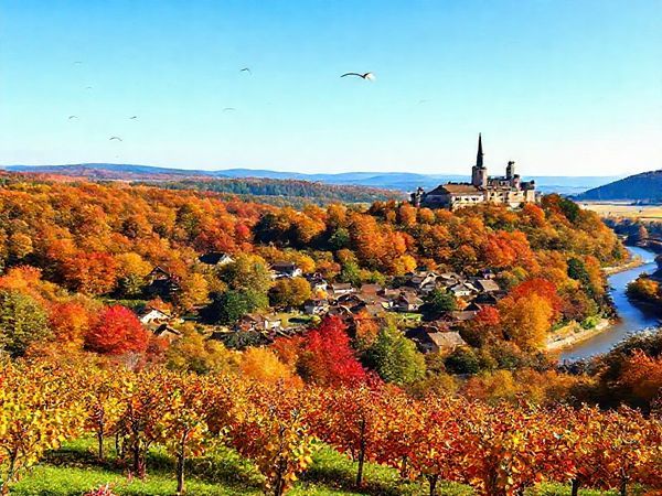 A breathtaking panoramic view of Enzkreis in autumn, showcasing vibrant foliage with shades of red, orange, and gold enveloping a quaint village nestled in the lush countryside. In the foreground, a serene vineyard welcomes harvest season, while an ancient castle towers elegantly in the background against a clear blue sky. Include birds in flight and a gentle river winding through the landscape. Create in high definition.