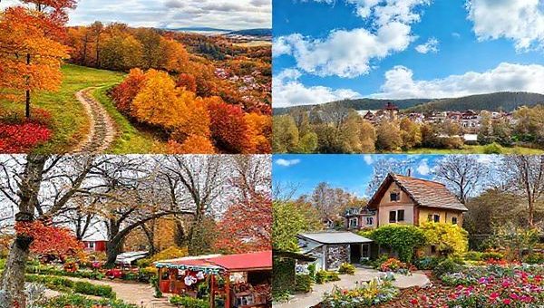 High definition image of Landkreis Schmalkalden-Meiningen showcasing the four seasons: a lush summer landscape with hiking trails, vibrant autumn foliage in rich hues of gold and crimson, a serene winter scene with snow-laden trees and a charming Christmas market, and a blooming spring garden filled with colorful flowers. Emphasize the contrast between each season's beauty in a panoramic view.