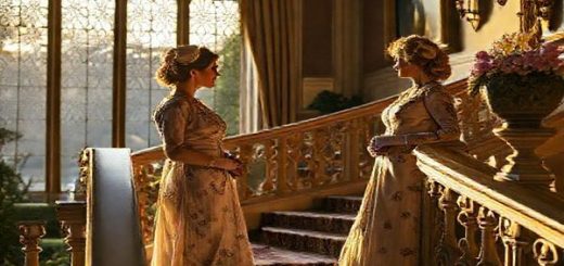A high-definition image of the opulent Crawley estate from *Downton Abbey*, bathed in the golden light of a Yorkshire sunset, features Lady Mary and Lady Edith in elegant 1920s attire, engaging in a spirited conversation on the grand staircase. Surround them with ornate decor, lush gardens, and delicate floral motifs, capturing the tension between societal expectation and female empowerment. The scene should evoke a sense of nostalgia and the complexity of modernity versus tradition.