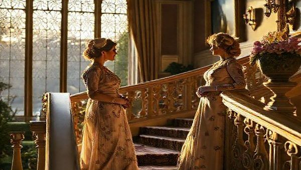 A high-definition image of the opulent Crawley estate from *Downton Abbey*, bathed in the golden light of a Yorkshire sunset, features Lady Mary and Lady Edith in elegant 1920s attire, engaging in a spirited conversation on the grand staircase. Surround them with ornate decor, lush gardens, and delicate floral motifs, capturing the tension between societal expectation and female empowerment. The scene should evoke a sense of nostalgia and the complexity of modernity versus tradition.