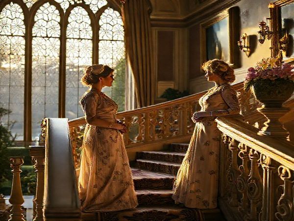 A high-definition image of the opulent Crawley estate from *Downton Abbey*, bathed in the golden light of a Yorkshire sunset, features Lady Mary and Lady Edith in elegant 1920s attire, engaging in a spirited conversation on the grand staircase. Surround them with ornate decor, lush gardens, and delicate floral motifs, capturing the tension between societal expectation and female empowerment. The scene should evoke a sense of nostalgia and the complexity of modernity versus tradition.