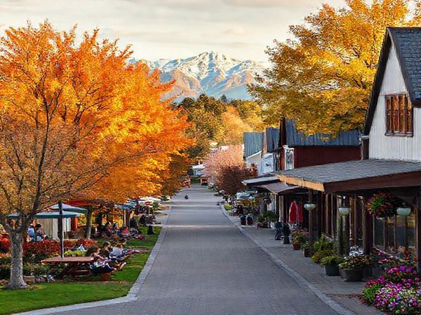 A picturesque scene of Rangiora, New Zealand, showcasing the vibrant beauty of all four seasons: summer with sunlit parks filled with picnicking families, fall with amber and gold foliage, winter featuring cozy cafes with steaming cups of coffee, and spring bursting with blooming flowers. Include the Southern Alps in the distance, creating a dramatic backdrop. The image should capture the warm community spirit and scenic charm of this quaint town in high definition.