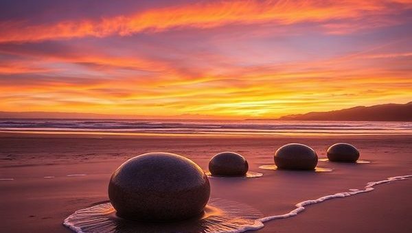 Create a high-definition image of the Moeraki Boulders on a serene New Zealand beach during a stunning sunset in autumn. The ancient, enigmatic spheres are scattered across the sand, glowing in warm golden hues, with gentle waves lapping at their bases. In the background, a colorful sky transitions from bright oranges to deep purples, highlighting the tranquil atmosphere of the scene. A few wispy clouds drift overhead, adding to the picturesque charm, as the soft glow of the setting sun casts long shadows, enhancing the boulders' intricate textures.