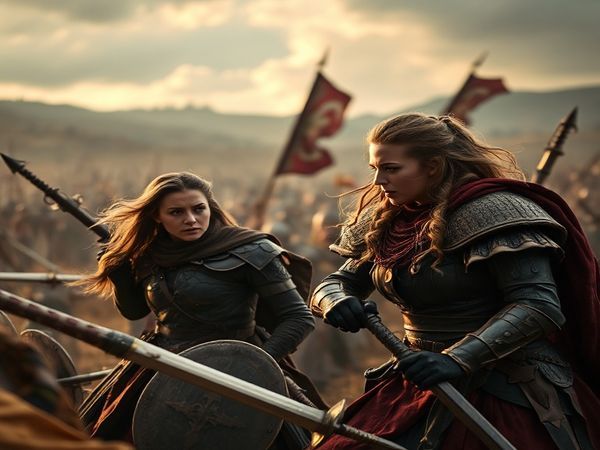 A high-definition image depicting a powerful medieval battlefield scene, capturing two fierce female warriors, Marianne and Leona, in a moment of intense dialogue amidst chaos. The backdrop features sweeping cinematography of war-torn landscapes, with dramatic lighting highlighting their expressions of strength and vulnerability. Incorporate elements of visceral soundscapes, like echoes of clashing swords, to evoke the film’s emotional depth. The atmosphere should blend tension with a sense of empowerment, emphasizing the struggle against patriarchal forces in a visually striking composition.