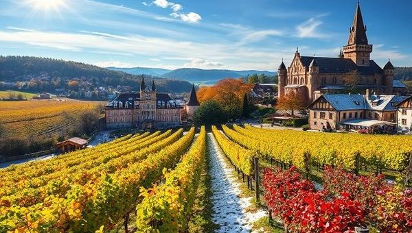 **Create a high definition image of Unterfranken, Germany, showcasing a picturesque countryside during the four seasons: vibrant summer vineyards under a bright sky, a serene winter landscape blanketed in snow with festive Christmas market lights, a colorful autumn scene with red and orange leaves during the grape harvest, and a blooming spring with wildflowers and historic castles in the backdrop. Capture the richness of culture and nature throughout the year.**