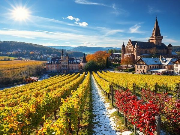 **Create a high definition image of Unterfranken, Germany, showcasing a picturesque countryside during the four seasons: vibrant summer vineyards under a bright sky, a serene winter landscape blanketed in snow with festive Christmas market lights, a colorful autumn scene with red and orange leaves during the grape harvest, and a blooming spring with wildflowers and historic castles in the backdrop. Capture the richness of culture and nature throughout the year.**