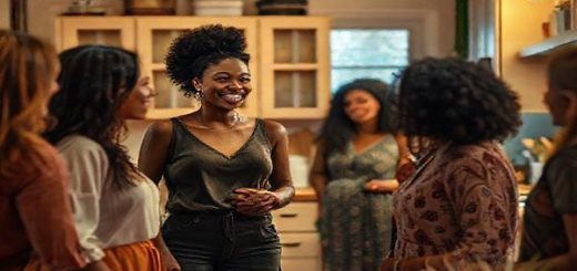 A dynamic scene featuring Ella, a strong and empowered woman with a vibrant aura, standing confidently in a cozy, beautifully lit kitchen. She is conversing animatedly with a group of diverse women, their expressions filled with joy and engagement, showcasing deep emotional connections without male mediation. The background is adorned with warm hues, symbolizing intimacy and ambition, while subtle elements reflect a dismantling of traditional gender roles. Include hints of ambition in the setting, like books or art supplies, emphasizing a balance between personal and professional aspirations. High definition.