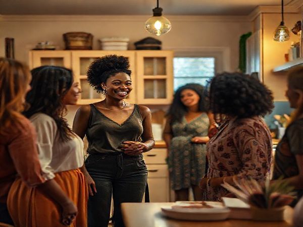 A dynamic scene featuring Ella, a strong and empowered woman with a vibrant aura, standing confidently in a cozy, beautifully lit kitchen. She is conversing animatedly with a group of diverse women, their expressions filled with joy and engagement, showcasing deep emotional connections without male mediation. The background is adorned with warm hues, symbolizing intimacy and ambition, while subtle elements reflect a dismantling of traditional gender roles. Include hints of ambition in the setting, like books or art supplies, emphasizing a balance between personal and professional aspirations. High definition.