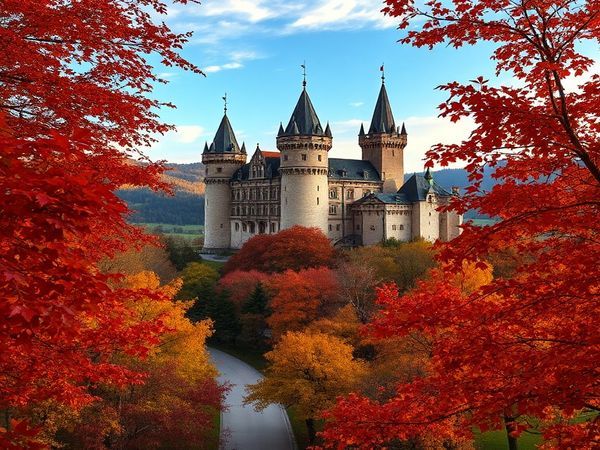 A majestic view of Löwenburg, the neo-Gothic "Lion's Castle," rising beautifully amidst a vibrant autumn landscape, with a tapestry of red, orange, and gold leaves surrounding its medieval towers. The scene captures the essence of tranquility and seasonal transformation, with soft sunlight filtering through the foliage, inviting a leisurely stroll through the serene gardens. Include a sense of peacefulness, with a few visitors enjoying the quiet charm of this enchanting castle in high definition.