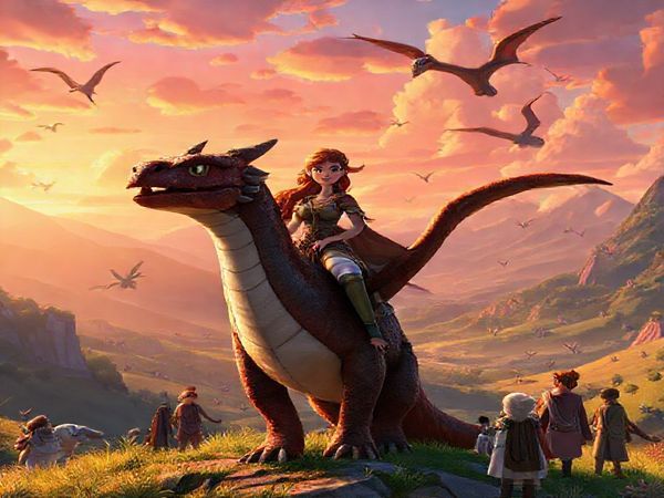 A high-definition image of a vibrant, fantastical landscape of Berk, where dragons soar through a sky painted with sunset hues, and mythical creatures inhabit lush valleys. In the foreground, a powerful female dragon rider, Brynhild, stands confidently on her dragon, with emotions of strength and determination illuminated in her expression. Around them, a diverse cast of characters—men and women alike—coexist, engaged in animated dialogues that hint at the complexities of gender dynamics, while the cinematic quality captures the enchanting beauty of this animated world. The scene embodies the themes of empowerment and community reflected in "How to Train Your Dragon (2025)."