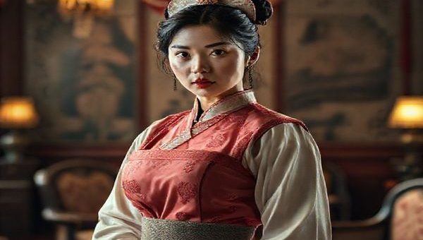 A high-definition image depicting a striking housemaid, Mei, in a lavish yet starkly contrasting opulent household. She stands poised in a beautifully detailed room, her expression a blend of determination and subtle defiance. The background should capture the cinematic grandeur reminiscent of Technicolor, with opulent furnishings juxtaposed against the rigid atmosphere of servitude. Dim lighting highlights her figure, while soft, haunting melodies appear to linger in the air, illuminating the complex layers of female solidarity and ambition.