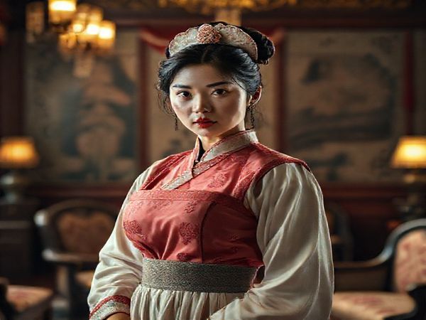 A high-definition image depicting a striking housemaid, Mei, in a lavish yet starkly contrasting opulent household. She stands poised in a beautifully detailed room, her expression a blend of determination and subtle defiance. The background should capture the cinematic grandeur reminiscent of Technicolor, with opulent furnishings juxtaposed against the rigid atmosphere of servitude. Dim lighting highlights her figure, while soft, haunting melodies appear to linger in the air, illuminating the complex layers of female solidarity and ambition.