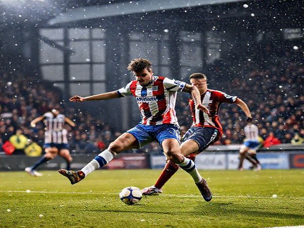 A high-definition action shot of a thrilling football match between Colchester United and Gillingham. Capture the intense moment of a Colchester player, full of grit and determination, pressing forward against Gillingham's disciplined defense. The stadium is buzzing with energy, with fans in vibrant colors cheering passionately. Snowflakes drift through the crisp December air, illuminating the scene and highlighting the clash of ambitions on the field. The mood is electric, filled with the promise of a fierce battle, showcasing the beauty of domestic football.