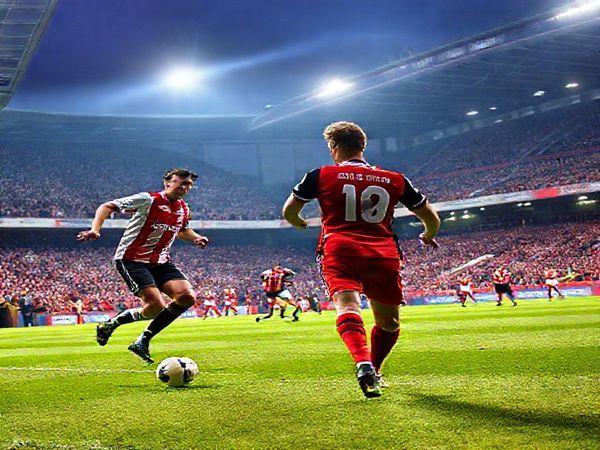 A high-definition image of a vibrant football stadium, packed with enthusiastic fans, showcasing a pivotal Championship match between Preston North End and Wrexham. The scene captures players in action, with Preston's captain Alan Browne strategizing on the field while Wrexham's Paul Mullin charges forward with determination. The atmosphere is electric, with banners waving, bright floodlights illuminating the pitch, and the tension palpable as both teams clash in a dramatic display of skill and tactics.