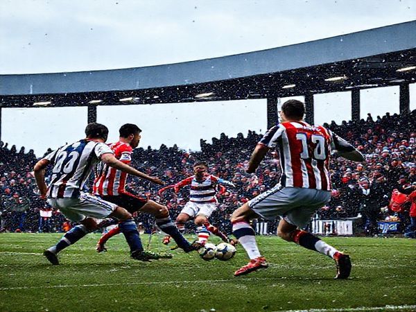 A dramatic football scene unfolds under the cold December sky as QPR and West Brom clash at Loftus Road. Capture the intensity of the match, with players in vibrant kits displaying dynamic action: QPR in possession, orchestrating clever passes and utilizing the flanks, while West Brom prepares for a counter-attack with swift, aggressive movements. The crowd erupts in a swirl of winter scarves and passionate cheers, encapsulating the electric atmosphere and the high stakes of the Championship. Make the image in high definition.