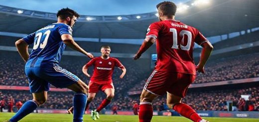 A high-definition image of a dramatic football match scene between Barrow and Tranmere in December 2025. Capture Barrow's gritty, resilient playing style with players in blue jerseys displaying determination and solid defensive formations. In contrast, show Tranmere in sleek, elegant red jerseys, showcasing their fluid passing and technical prowess. Include a stadium filled with passionate fans, under dramatic evening lights, with a palpable sense of anticipation and tension in the air as they prepare for the decisive clash on the pitch.