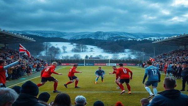 A high-definition image capturing the intense atmosphere of a Scottish football match between Kelty Hearts and Montrose, set in New Central Park on a chilly December day in 2025. Showcase the two teams on the pitch: Kelty Hearts in vibrant red, embodying youthful energy and determination, facing off against Montrose in crisp blue, exemplifying tactical sophistication. The background features passionate fans waving flags, with snow-dusted hills framing the stadium under a dramatic sky.