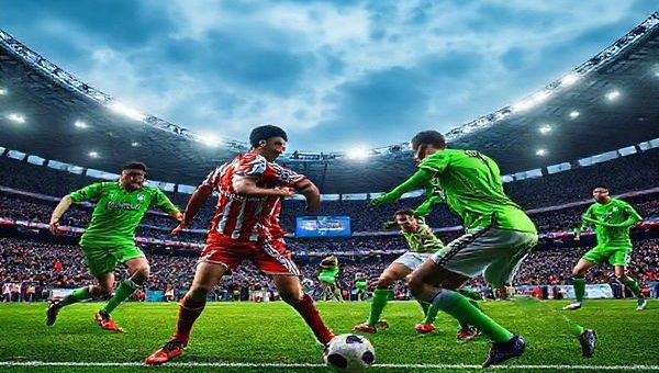 Create a high definition image depicting a dramatic football match between Hamburg and Werder Bremen, set in a bustling stadium under a crisp December sky. The scene captures the tension of a regional rivalry, with Hamburg's players in their iconic red and white kits displaying resilience and strategic positioning on the field. Meanwhile, Werder Bremen's players, in vibrant green, exhibit aggressive energy and high tempo as they prepare for a swift counterattack. The stadium is filled with cheering fans, colorful banners, and a palpable sense of anticipation for this thrilling Bundesliga showdown. The dynamic composition should evoke the intensity of a battle, highlighting both teams' tactical approaches.