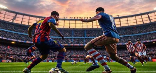 "An epic football showdown at sunset, depicting the intense rivalry between Barcelona and Atlético Madrid at Camp Nou in December 2025. Showcase Barcelona's elegant players in vibrant blue and garnet uniforms executing intricate plays, contrasted with Atlético's gritty defenders in their classic red and white stripes holding a disciplined formation. The stadium is filled with passionate fans, colorful banners, and the iconic architecture of Camp Nou against a dramatic sky. Capture the tension of a tactical duel on the pitch, with an emphasis on the players' expressions and movements. High definition."