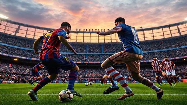 "An epic football showdown at sunset, depicting the intense rivalry between Barcelona and Atlético Madrid at Camp Nou in December 2025. Showcase Barcelona's elegant players in vibrant blue and garnet uniforms executing intricate plays, contrasted with Atlético's gritty defenders in their classic red and white stripes holding a disciplined formation. The stadium is filled with passionate fans, colorful banners, and the iconic architecture of Camp Nou against a dramatic sky. Capture the tension of a tactical duel on the pitch, with an emphasis on the players' expressions and movements. High definition."