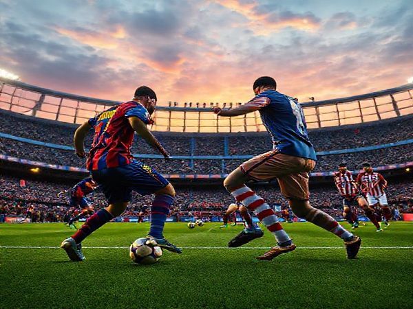 "An epic football showdown at sunset, depicting the intense rivalry between Barcelona and Atlético Madrid at Camp Nou in December 2025. Showcase Barcelona's elegant players in vibrant blue and garnet uniforms executing intricate plays, contrasted with Atlético's gritty defenders in their classic red and white stripes holding a disciplined formation. The stadium is filled with passionate fans, colorful banners, and the iconic architecture of Camp Nou against a dramatic sky. Capture the tension of a tactical duel on the pitch, with an emphasis on the players' expressions and movements. High definition."