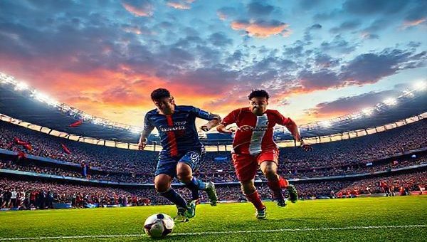 A high-definition image of the Parc des Princes stadium filled with passionate fans, vibrant PSG and Rennes flags waving, and two dynamic footballers—one in PSG colors dribbling the ball with skill, and one in Rennes colors sprinting to intercept—under the dazzling lights of a sunset sky. The scene radiates the intense anticipation of a thrilling Ligue 1 match, capturing the essence of strategy and grit in football.