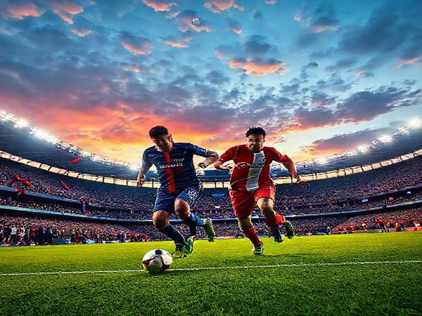A high-definition image of the Parc des Princes stadium filled with passionate fans, vibrant PSG and Rennes flags waving, and two dynamic footballers—one in PSG colors dribbling the ball with skill, and one in Rennes colors sprinting to intercept—under the dazzling lights of a sunset sky. The scene radiates the intense anticipation of a thrilling Ligue 1 match, capturing the essence of strategy and grit in football.