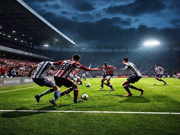 A dramatic football scene depicting the intense clash between Chelmsford City and Weston-Super-Mare in the FA Cup at Melbourne Stadium. Capture the passionate atmosphere with fans cheering, players engaged in a fierce battle on the pitch, emphasizing Chelmsford's relentless pressing against Weston-Super-Mare's strategic play. The night sky is illuminated with stadium lights, showcasing the tension and excitement of the match. High definition.