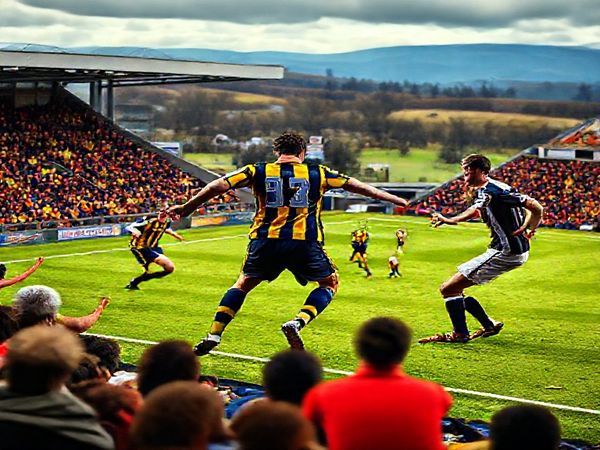 A vibrant high-definition scene depicting a fierce Scottish League One football match between Alloa Athletic and Peterhead. Capture the moment of intense action on the pitch, highlighting Alloa's dynamic midfield maestro orchestrating a fluid attack with creative passing, while Peterhead's robust captain commands the defensive line, ready for a counterattack. The stadium is packed with passionate fans in colorful jerseys, exuding palpable tension and excitement. The backdrop features the picturesque Scottish landscape, adding to the lively atmosphere of this clash of footballing philosophies.