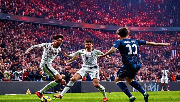 High definition image of a dramatic football matchup between Tottenham Hotspur and Slavia Prague, set in a vibrant stadium filled with fans. The scene captures key players like Harry Kane and Alfie Devine in action against the backdrop of intense crowd emotion, with colorful banners flying and stadium lights shining down. The atmosphere is electric, showcasing the spirit and excitement of a Champions League match on December 9th, 2025.