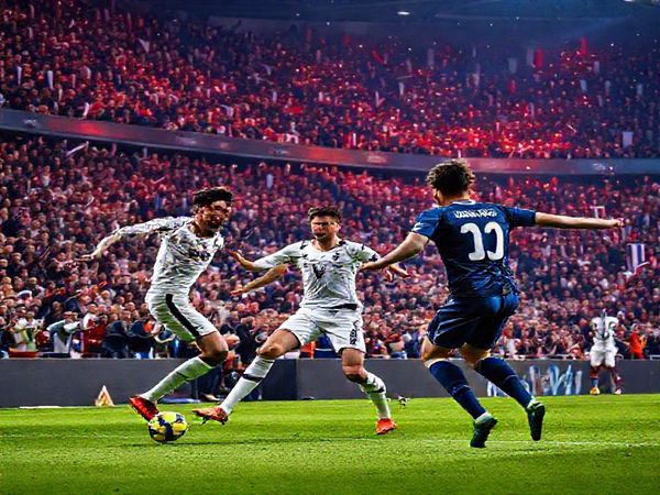 High definition image of a dramatic football matchup between Tottenham Hotspur and Slavia Prague, set in a vibrant stadium filled with fans. The scene captures key players like Harry Kane and Alfie Devine in action against the backdrop of intense crowd emotion, with colorful banners flying and stadium lights shining down. The atmosphere is electric, showcasing the spirit and excitement of a Champions League match on December 9th, 2025.