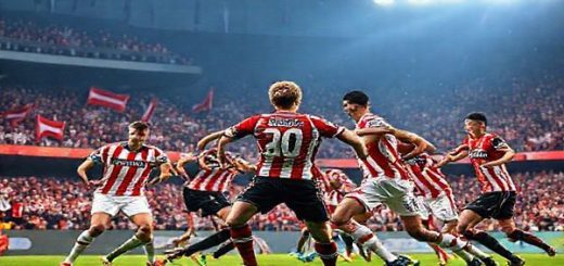 "Create a high definition image of an intense football match between Brann and Fenerbahce, set in a vibrant stadium filled with fans. Capture Brann’s players in their steely determination, forming a robust defensive line with captain Andreas Wallen leading. Contrast this with Fenerbahce's dynamic attackers, especially Yusuf Çelik, weaving through defenders in a burst of color and energy. The atmosphere should be electric, with flags waving and tension palpable, showcasing the clash of strategy and style in European football."