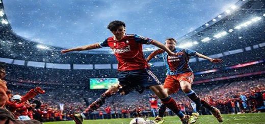 A high-definition image of a vibrant soccer match scene at St. Jakob-Park under a dramatic Swiss winter sky, showcasing bustling fans in red and blue jerseys, with Basel and Aston Villa players engaged in intense gameplay. Highlight the tactical dance between midfielders, capturing the flair of Basel's Isaac Alarcón in motion and the intensity of Aston Villa's Ollie Watkins. Convey the clash of cultures and styles in an electrifying atmosphere, with snow gently falling and stadium lights illuminating the scene.