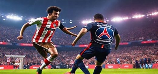 High-definition image of a dramatic football clash between Athletic Bilbao and PSG in a vibrant stadium setting, capturing the intense energy of fans, the contrasting styles of players (Basque pride vs. Parisian elegance), and a thrilling moment of action on the pitch, showcasing the colors of both teams under stadium lights with an electric atmosphere.