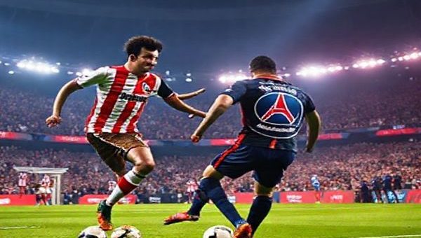 High-definition image of a dramatic football clash between Athletic Bilbao and PSG in a vibrant stadium setting, capturing the intense energy of fans, the contrasting styles of players (Basque pride vs. Parisian elegance), and a thrilling moment of action on the pitch, showcasing the colors of both teams under stadium lights with an electric atmosphere.