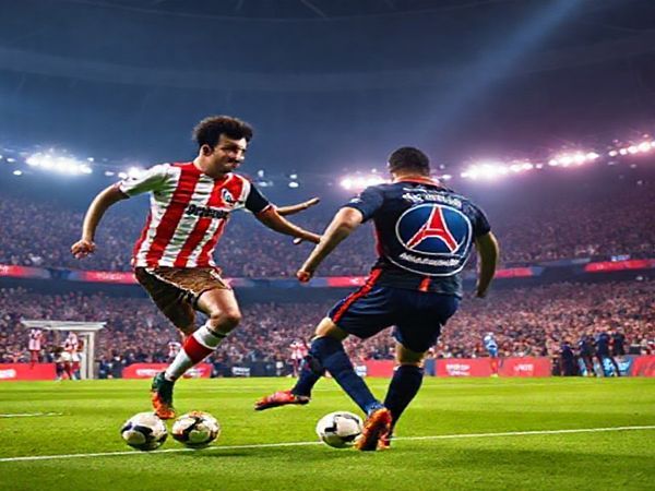 High-definition image of a dramatic football clash between Athletic Bilbao and PSG in a vibrant stadium setting, capturing the intense energy of fans, the contrasting styles of players (Basque pride vs. Parisian elegance), and a thrilling moment of action on the pitch, showcasing the colors of both teams under stadium lights with an electric atmosphere.