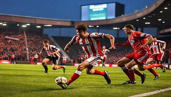 A high-definition image of a thrilling football match between Swindon Town and Bolton Wanderers, set on a crisp December evening. The stadium is vibrant with passionate fans waving flags and banners, illuminated by floodlights. Capture the intense action on the pitch: a young Swindon winger dashes past a seasoned Bolton defender, with the dynamic expressions of players reflecting determination and strategy. In the background, the scoreboard shows "FA Cup: Swindon vs. Bolton". The atmosphere is electric, showcasing the essence of the underdog spirit clashing with experienced campaigners.