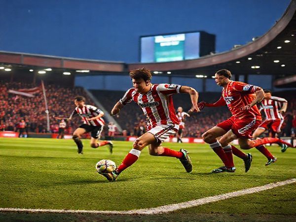 A high-definition image of a thrilling football match between Swindon Town and Bolton Wanderers, set on a crisp December evening. The stadium is vibrant with passionate fans waving flags and banners, illuminated by floodlights. Capture the intense action on the pitch: a young Swindon winger dashes past a seasoned Bolton defender, with the dynamic expressions of players reflecting determination and strategy. In the background, the scoreboard shows "FA Cup: Swindon vs. Bolton". The atmosphere is electric, showcasing the essence of the underdog spirit clashing with experienced campaigners.