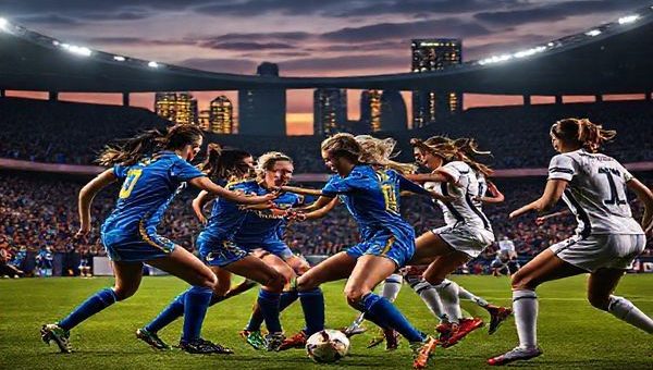 A dramatic high-definition scene of a women's football match set in a packed stadium, featuring the London City Lionesses in vibrant blue and gold jerseys aggressively pressing against the Brighton & Hove Albion Women, who are elegantly poised in white and navy. The tension is palpable, with dynamic poses capturing the intensity of the game; the crowd is on their feet, waving flags and displaying their team colors. A spotlight shines down on the players as they clash on the pitch, showcasing both agility and finesse, with the backdrop of an electrified London skyline at dusk.