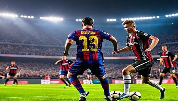 A high-definition image depicting a dramatic football match between FC Barcelona and Eintracht Frankfurt, set in a vibrant European stadium lit with dazzling lights. Show Barcelona players in their iconic blue and garnet jerseys, displaying intricate passing skills, while Eintracht Frankfurt players in their black and white kits prepare for a swift counter-attack. Capture the tension and excitement, with fans in the stands cheering passionately, and a sense of the tactical battle unfolding on the field. The atmosphere should be electric, full of energy and anticipation for this Champions League clash.
