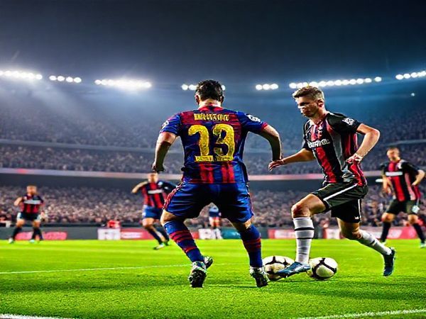 A high-definition image depicting a dramatic football match between FC Barcelona and Eintracht Frankfurt, set in a vibrant European stadium lit with dazzling lights. Show Barcelona players in their iconic blue and garnet jerseys, displaying intricate passing skills, while Eintracht Frankfurt players in their black and white kits prepare for a swift counter-attack. Capture the tension and excitement, with fans in the stands cheering passionately, and a sense of the tactical battle unfolding on the field. The atmosphere should be electric, full of energy and anticipation for this Champions League clash.
