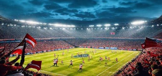 A high-definition image capturing the intense atmosphere of a football match between Athletic Bilbao and Atlético Madrid on a chilly December evening in 2025. The scene should depict a vibrant stadium filled with passionate fans waving flags, the Basque colors of red and white against Atlético's deep red and white. Show players from both teams in a dynamic clash on the field, emphasizing athleticism and strategy, with one manager animatedly directing from the sidelines. Include the faint glow of stadium lights illuminating the pitch and a dramatic sky overhead, hinting at the stakes of this crucial La Liga showdown.