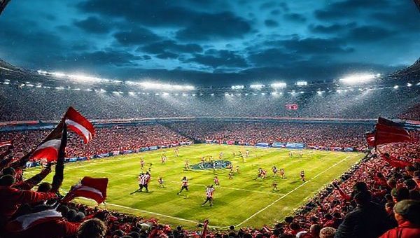 A high-definition image capturing the intense atmosphere of a football match between Athletic Bilbao and Atlético Madrid on a chilly December evening in 2025. The scene should depict a vibrant stadium filled with passionate fans waving flags, the Basque colors of red and white against Atlético's deep red and white. Show players from both teams in a dynamic clash on the field, emphasizing athleticism and strategy, with one manager animatedly directing from the sidelines. Include the faint glow of stadium lights illuminating the pitch and a dramatic sky overhead, hinting at the stakes of this crucial La Liga showdown.